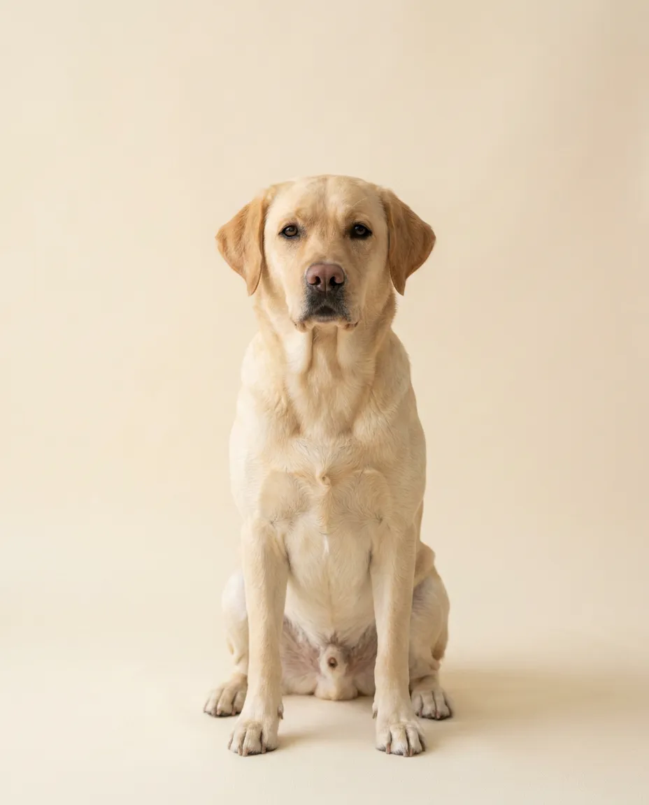 Dorosły labrador retriever siedzący na kremowym tle