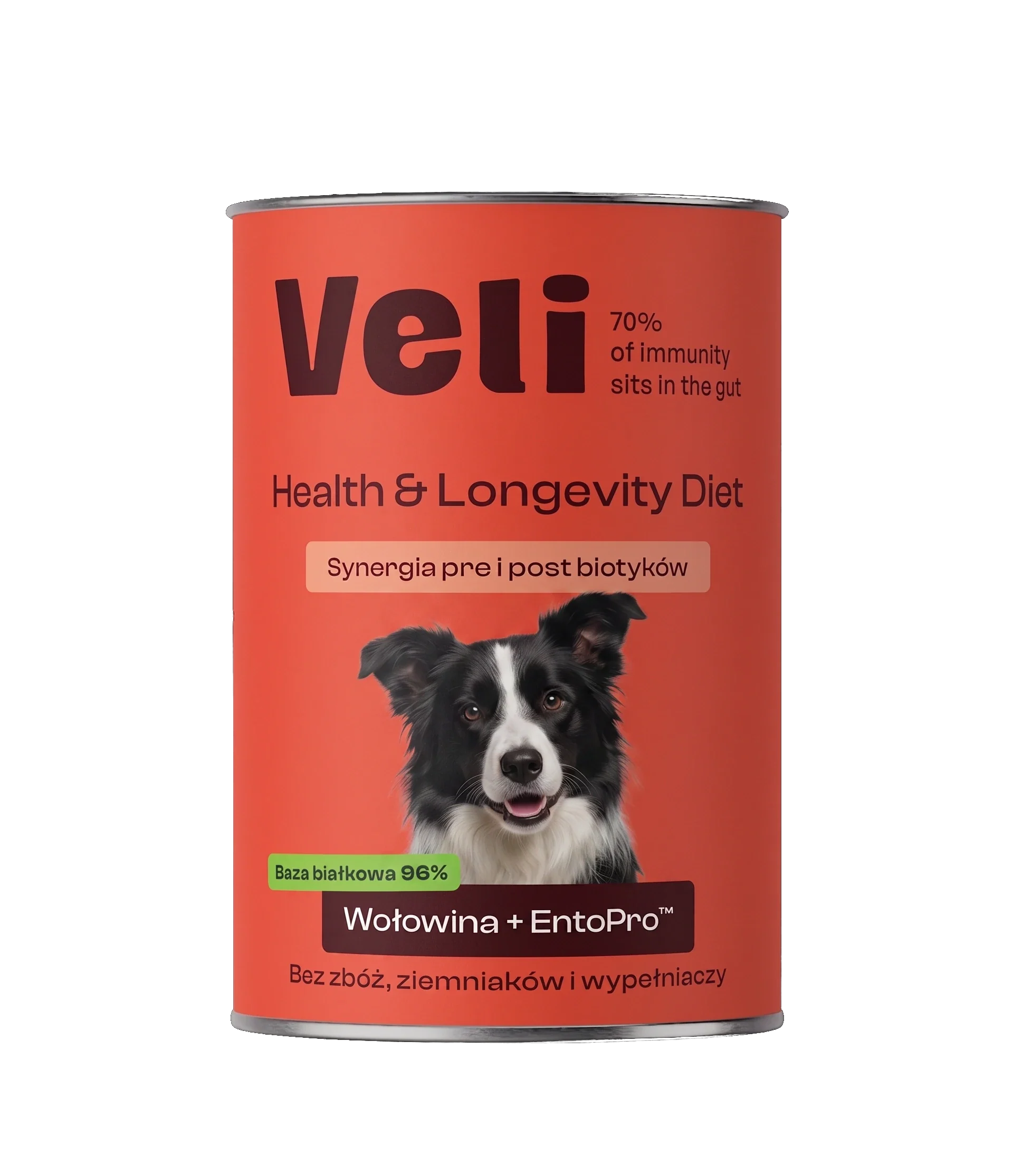 Wizualizacja puszki Veli Beef + EntoPro™ Recipe z border collie na etykiecie