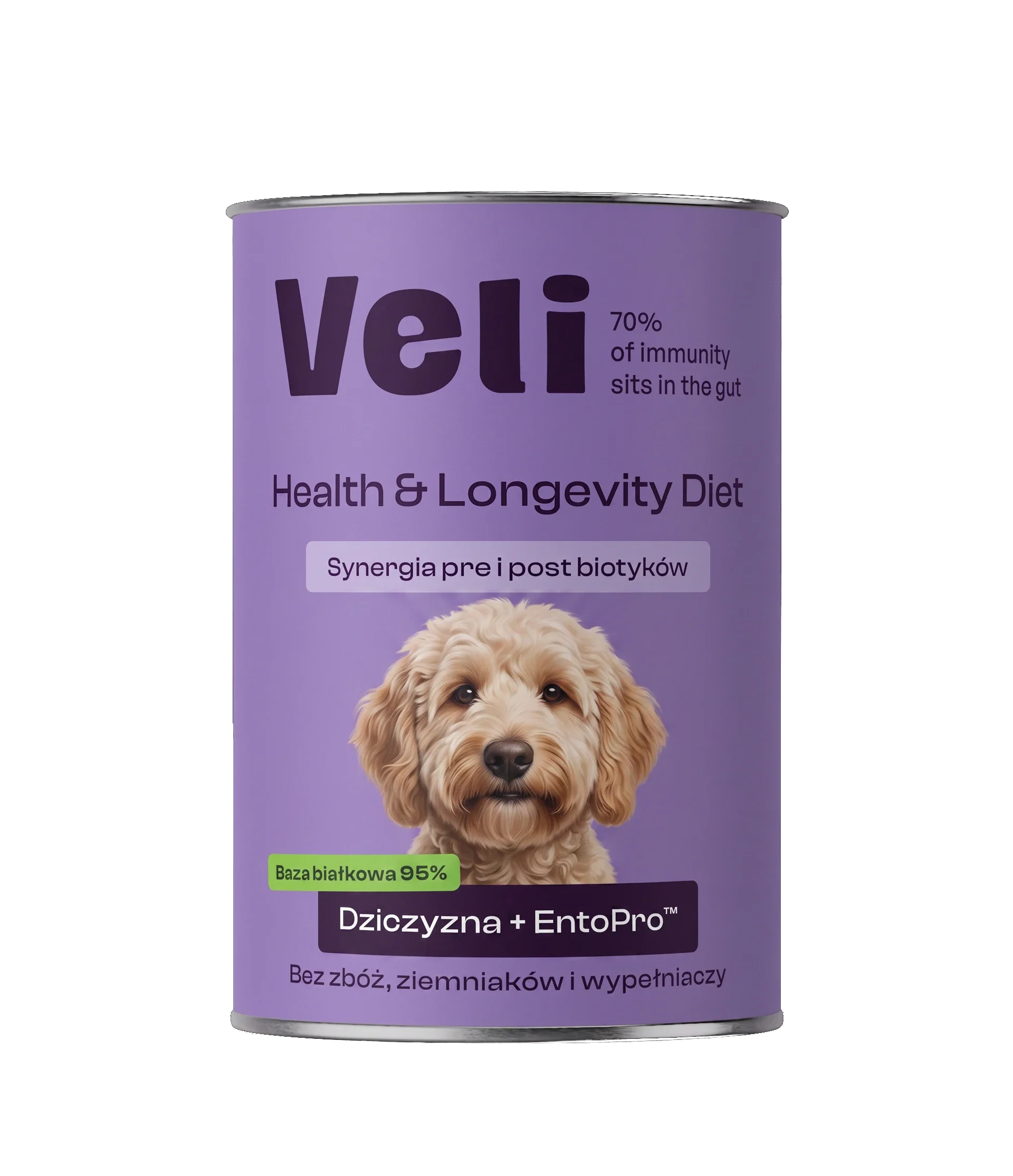 Wizualizacja puszki Veli Venison + EntoPro™ Recipe z labradoodle na etykiecie