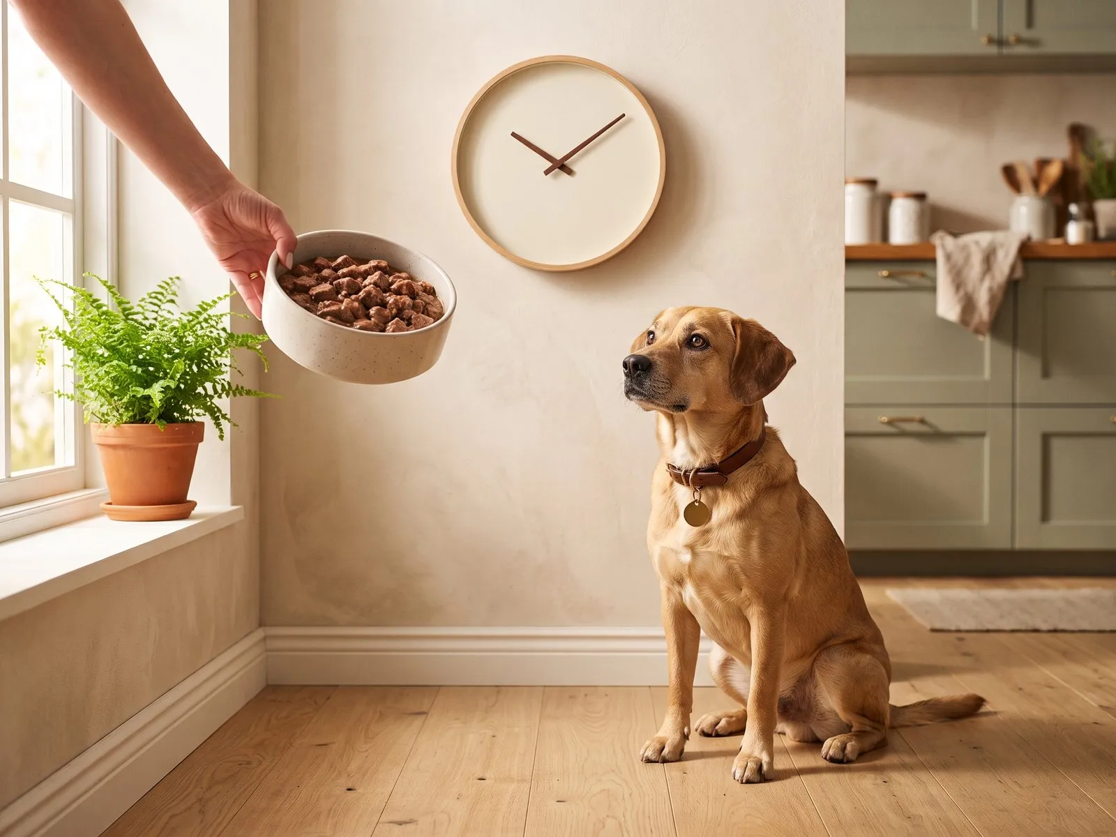 A dog sits in the kitchen under a clock, waiting for its owner’s hand to give it a bowl of wet food
