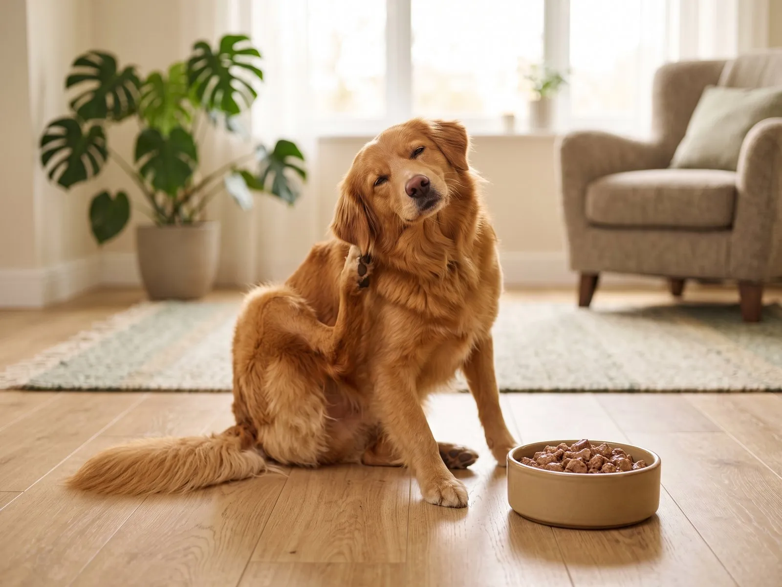 A dog sits in a bright living room scratching behind its ear with a hind paw, next to a bowl of wet food