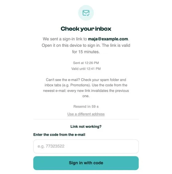 The Check your inbox screen with the Enter the code from the e-mail field and the Sign in with code button